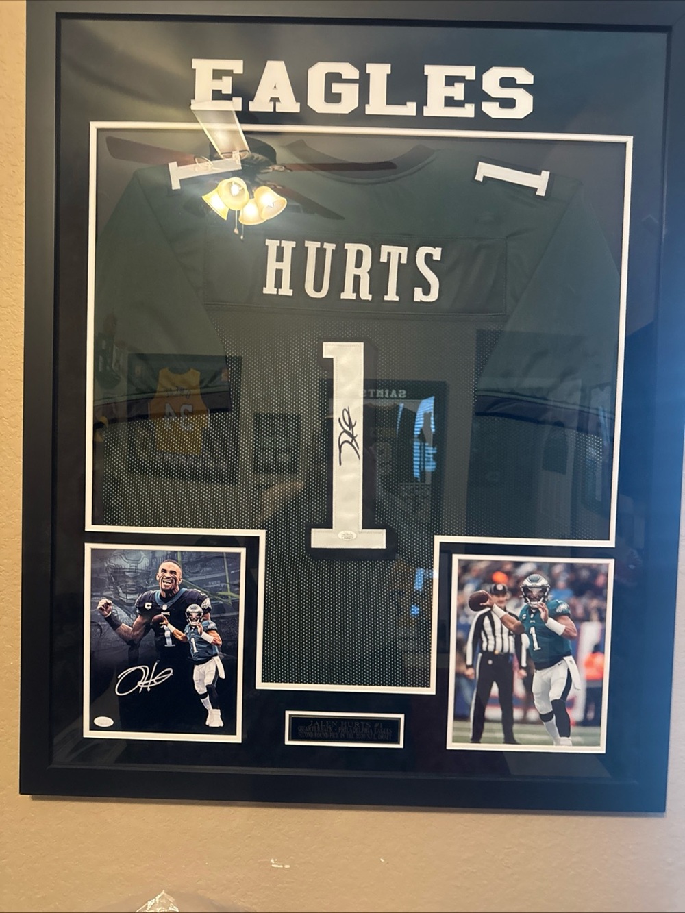 Framed Green Football Jersey Wall Art - Eagles #1 authenticated by JSA